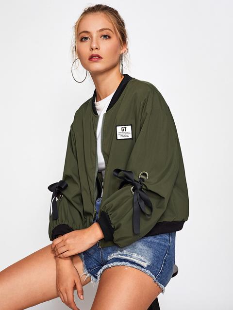Contrast Ribbed Trim Ribbon Tie Bomber Jacket