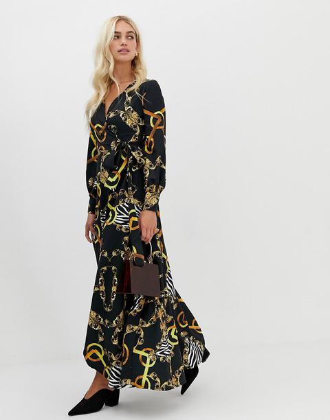 Vestido Midi Con Parte Delantera Cruzada Y Estampado De Cadenas Con Detalle De Abertura De Zibi London