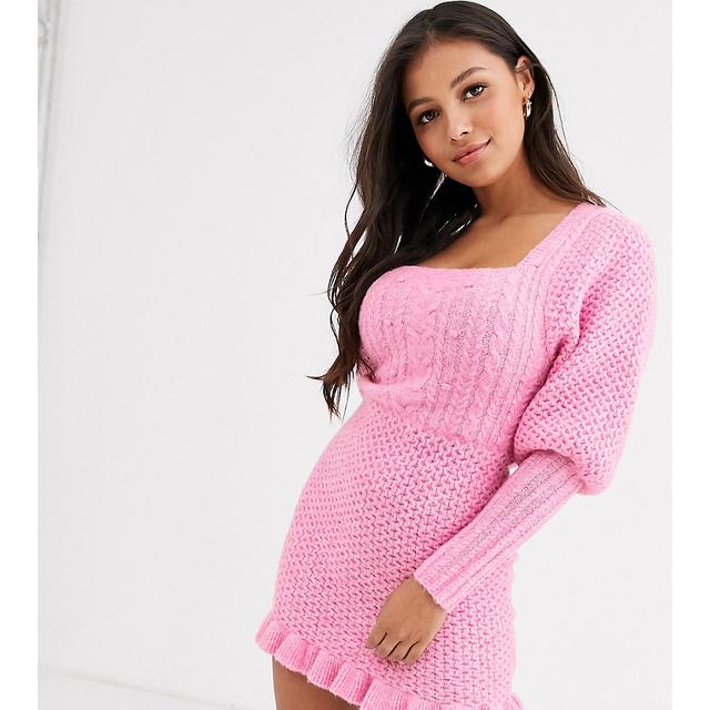 asos design cable knit mini dress with volume sleeve