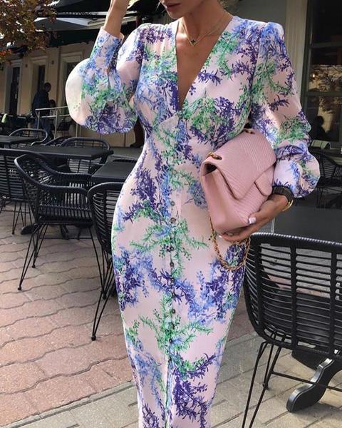 Plunge Lantern Sleeve Botanical Print Slinky Dress