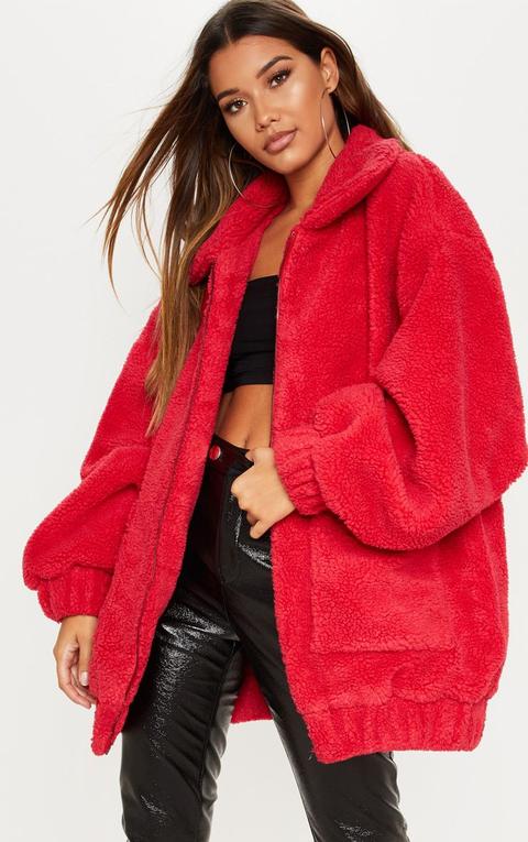 Red Oversized Borg Pocket Front Coat