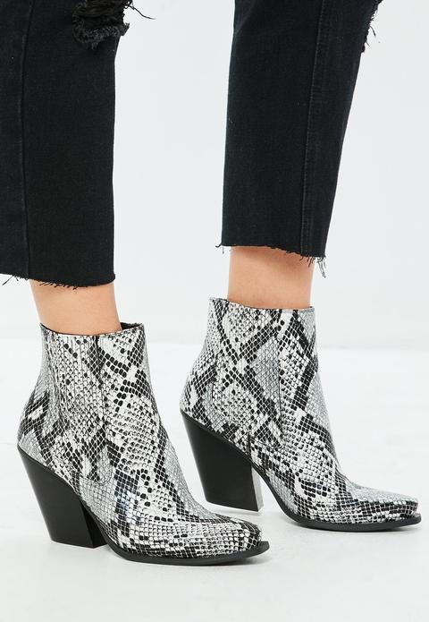 Gray Snakeskin Curved Heel Western Chelsea Ankle Boots