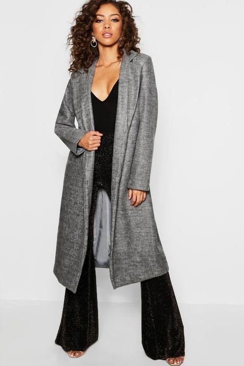 Womens Longline Collared Wool Look Coat - Grey - 8