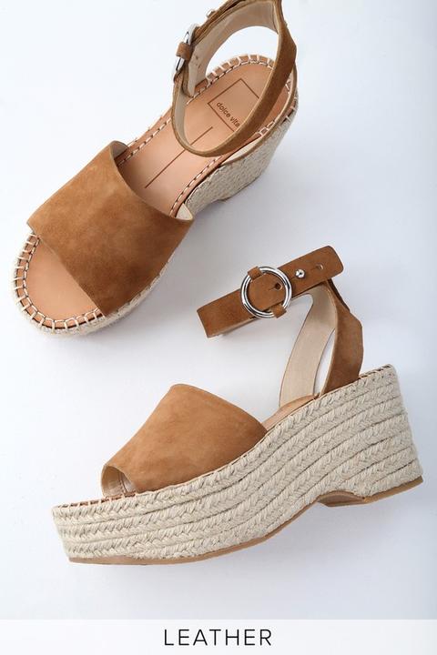 Lesly Saddle Brown Suede Leather Espadrille Wedges