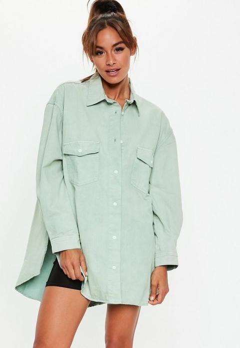 Sage Denim Extreme Oversized Boyfriend Shirt, Green