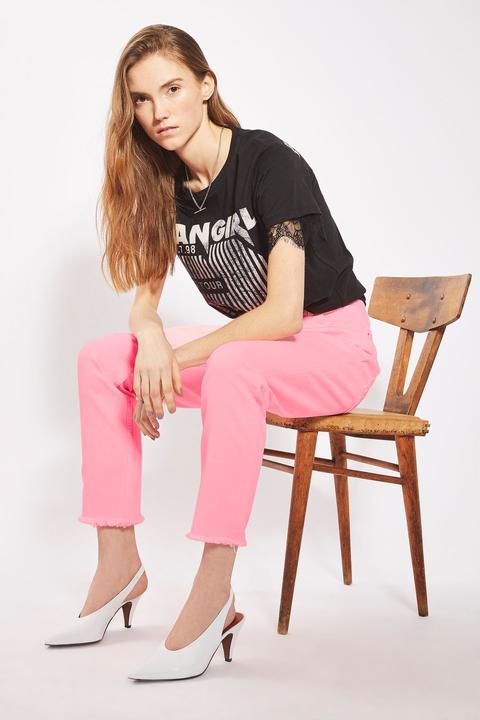 Moto Pink Raw Hem Straight Leg Jeans