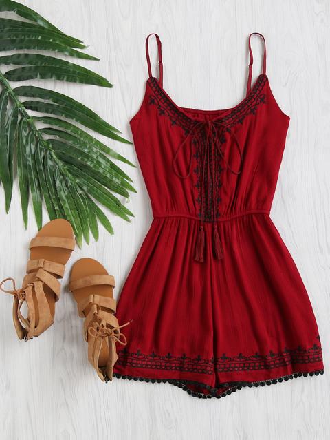 Embroidered Trim Self Tie Pleated Cami Romper