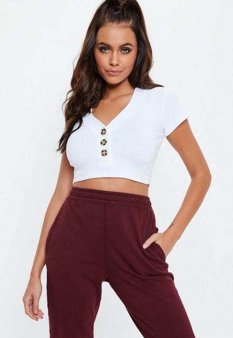 White Mock Horn Button Rib Crop Top, White