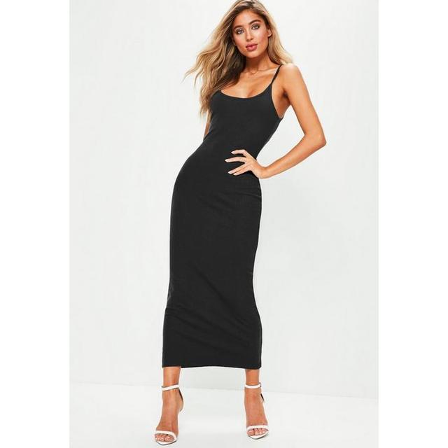 Black Ribbed Strappy Bodycon Midi Dress 