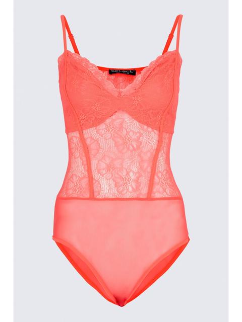 Fluro Coral Lace Corset Bodysuit from Select on 21 Buttons