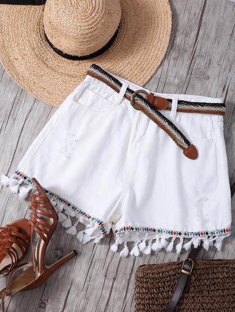 Fringed White Denim Shorts