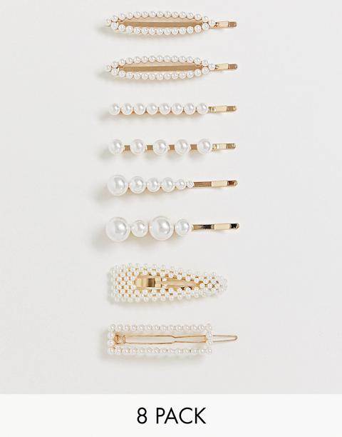 Asos Design - Lot De 8 Barrettes De Formes Variées Avec Perles-crème