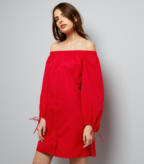 Red Button Front Bardot Neck Dress