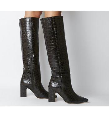 Office Karamel- Block Heel Knee Boot Brown Croc Leather