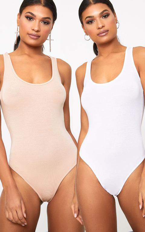 Basic White & Nude Racer Back Bodysuit 2 Pack, White