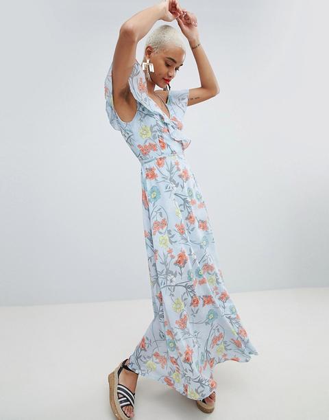 Prettylittlething - Vestito Lungo A Portafoglio A Fiori - Blu