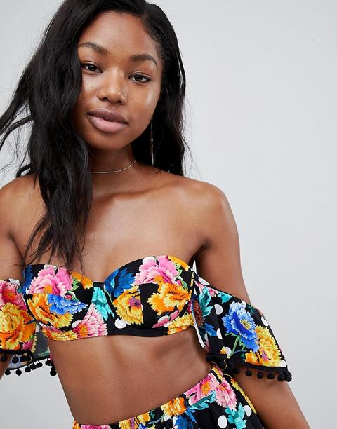 Asos Design - Top Bikini A Fiori E Pois Con Scollo Profondo Alla Bardot E Pompon - Multicolore