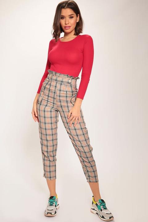 Beige Check Paperbag Waist Trousers