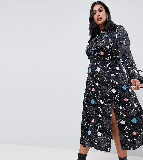 Asos Design Curve - Robe Longue À Manches Évasées Avec Imprimé Lune Et Étoile - Multi
