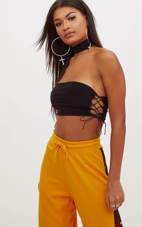 Black Slinky Lace Up Side Bandeau Crop Top, Black