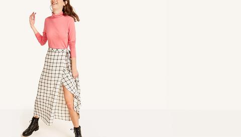 White And Grey Check Wrap Midi Skirt