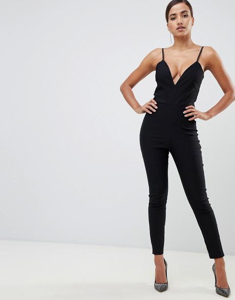 Vesper - Tuta Jumpsuit Nera Aderente Con Scollo Profondo - Nero