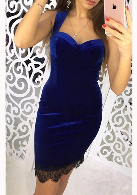 Blue Patchwork Lace V-neck Sleeveless Mini Dress