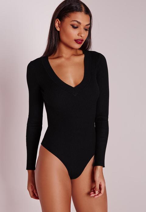 Deep Plunge Bodysuit Black