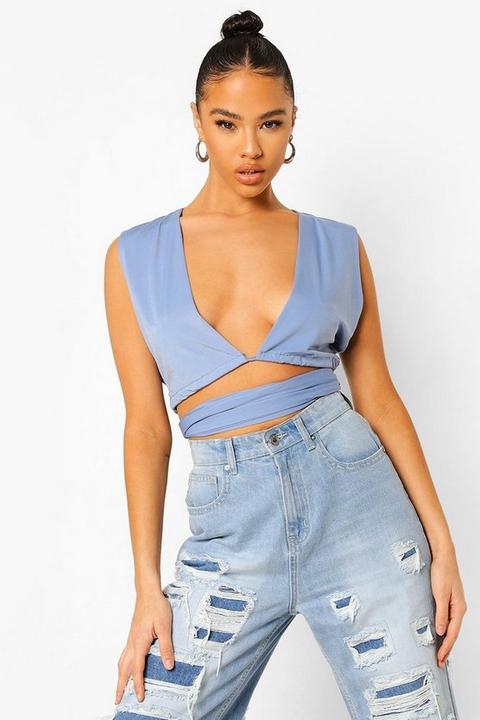 Womens Cross Over Crop Top - Blue - 12, Blue