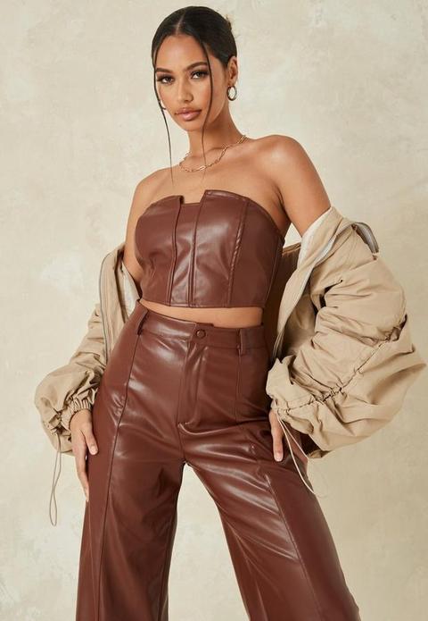 Chocolate Co Ord Faux Leather Corset Crop Top, Brown