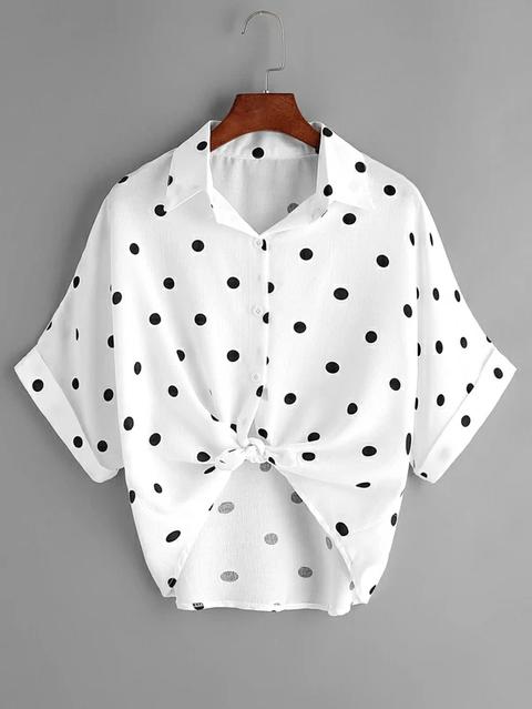 Polka Dot Knot Front Cuffed Blouse