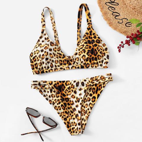 Set De Bikini Tanga Con Abertura Con Estampado De Leopardo