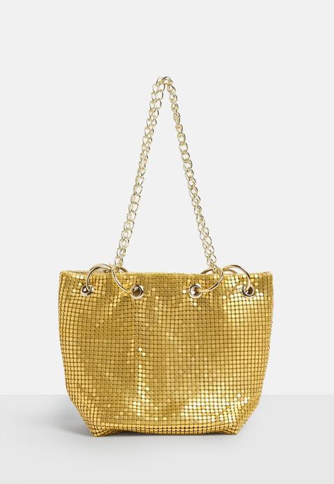 Gold Metallic Chainmail Cross Body Bag, Gold
