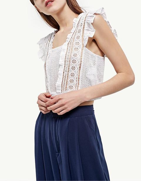 Maglietta Cropped Volant Pizzo Bianco