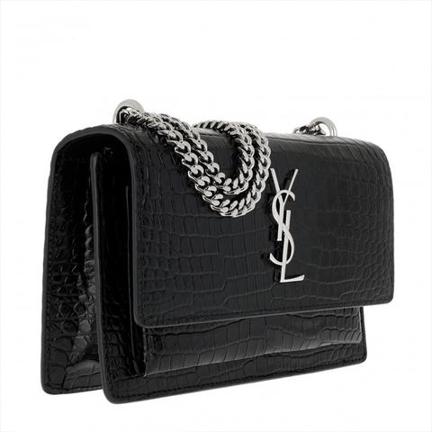 Sunset Chain Wallet Small Embossed Crocodile Black