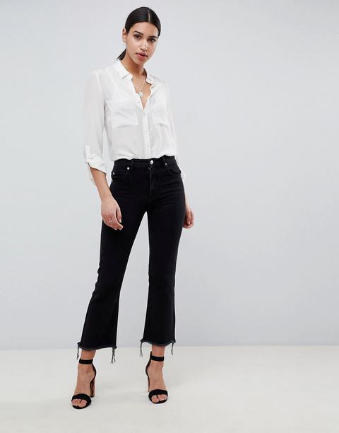 Asos Design - Egerton Rigid - Jeans Cropped A Zampa Nero Slavato Con Orlo Grezzo - Nero