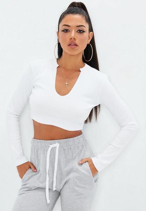 White Ribbed Notch Neck Crop Top, White