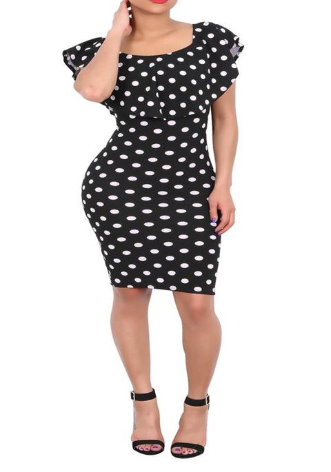 Vestito Midi A Pois Stampa Manicotto Con Maniche Corte Nero