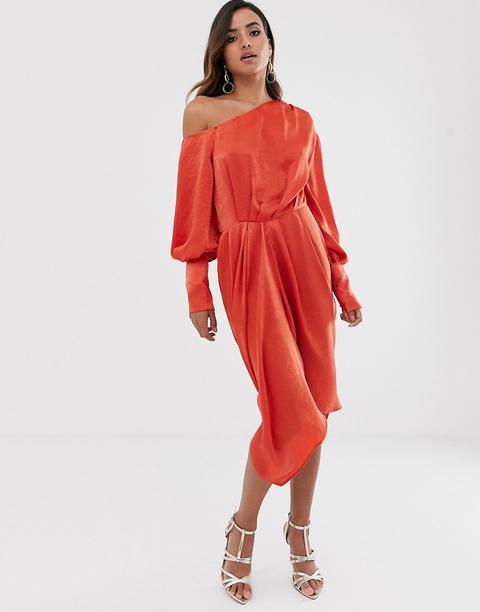 Asos Design One Shoulder Blouson Midi Dress In Washed Satin-orange