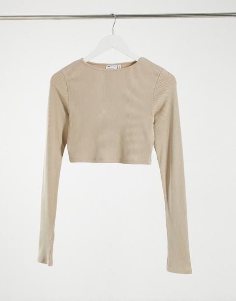 Asos Design Super Crop Top With Thumb Hole In Rib In Stone-neutral