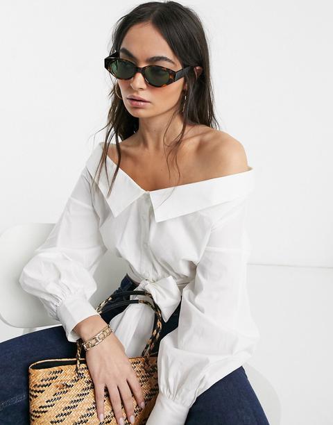 Asos Design Long Sleeve Off Shoulder Shirt With Tie Front In White