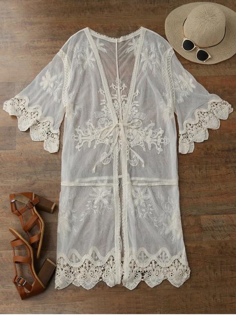 Sheer Tulle Beach Kimono Cubrir Beige White