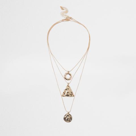 Gold Tone Multi Row Shape Pendant Necklace