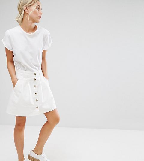 Asos Petite Denim - Gonna Di Jeans A Pieghe Con Bottoni Bianca - Bianco