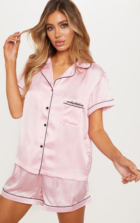 Prettylittlething Pink Short Satin Pocket Pj Set