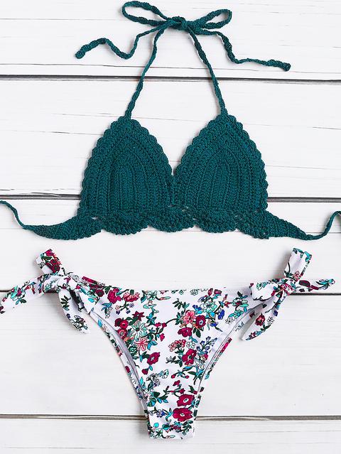 Top Bikini All'uncinetto ,con Slip Bikini Con Stampa Di Calicò