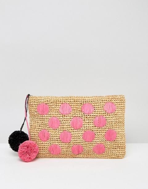 Bolso Clutch De Playa De Paja Con Pompones Y Diseño De Lunares De Asos