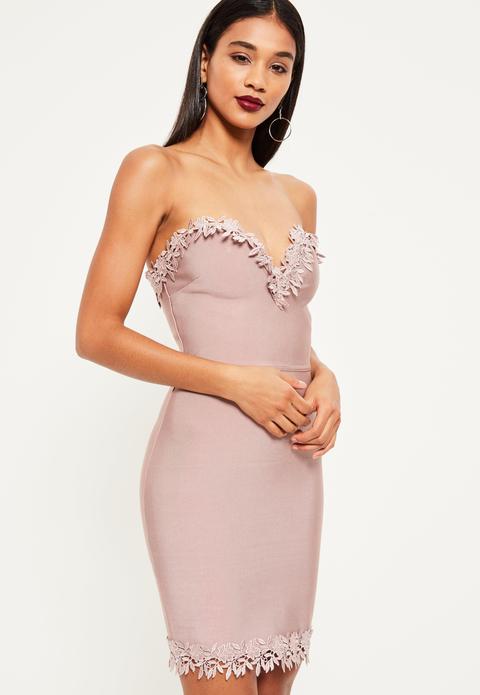 Pink Bandage Floral Trim Bodycon Dress