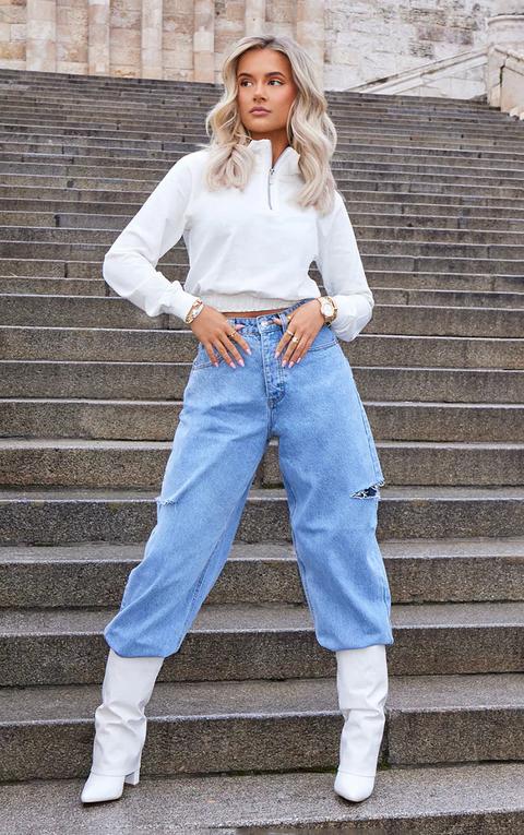 Light Blue Wash Thigh Split Baggy Boyfriend Jeans