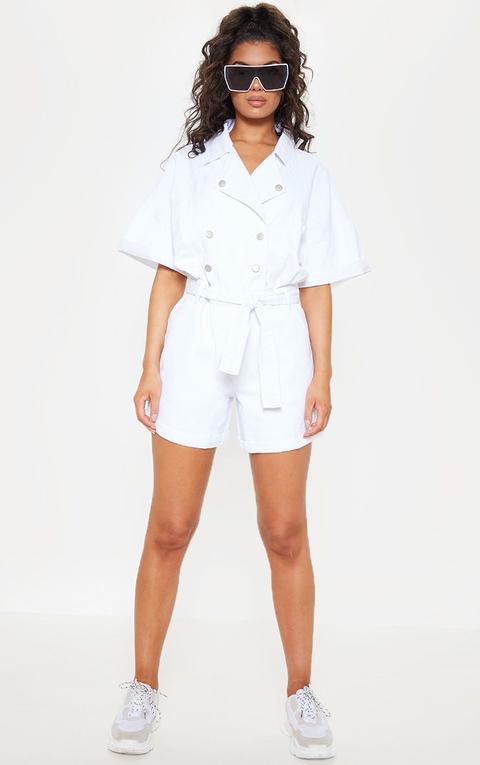 White Popper Belted Denim Playsuit